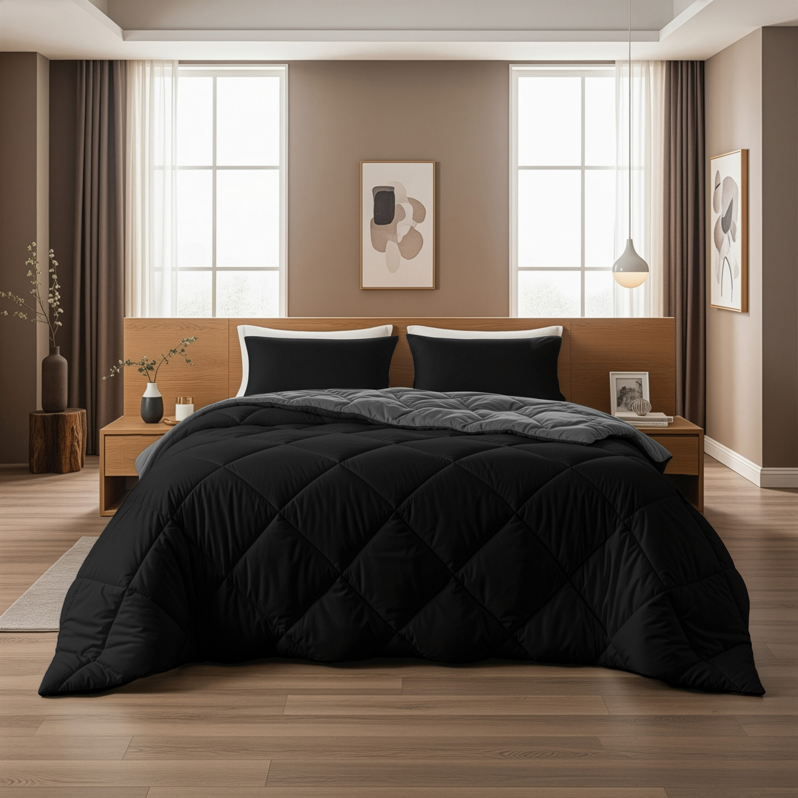 Lazy Dekbed Diamond Zwart / Antraciet 200 x 200 Met Kussenslopen - Afbeelding 2