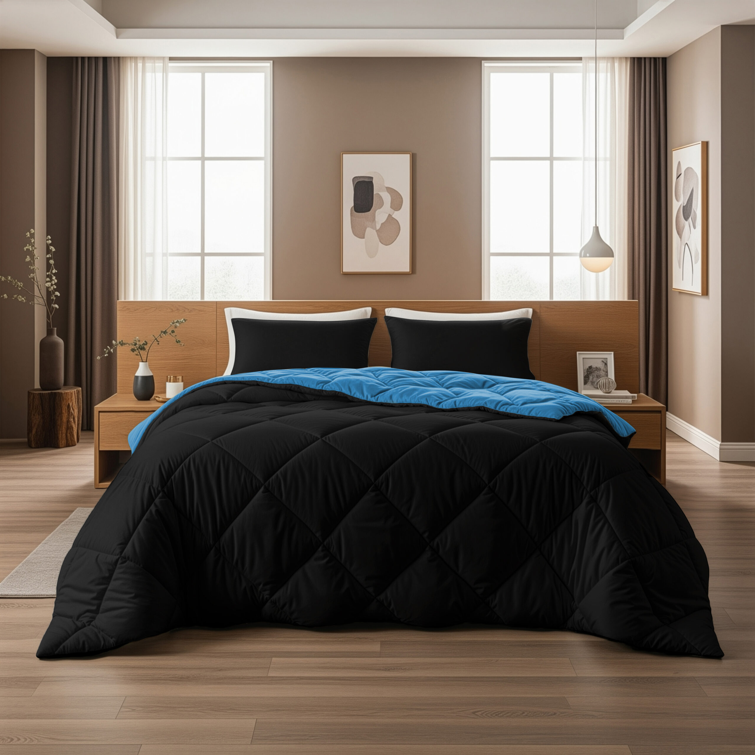 Lazy Dekbed Diamond Zwart / Zee Blauw 200 x 200 Met Kussenslopen - Afbeelding 2