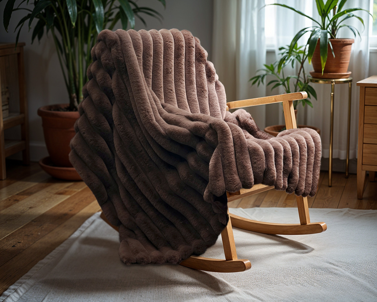 Rib Rabbit Fur Plaid Taupe 150 x 200